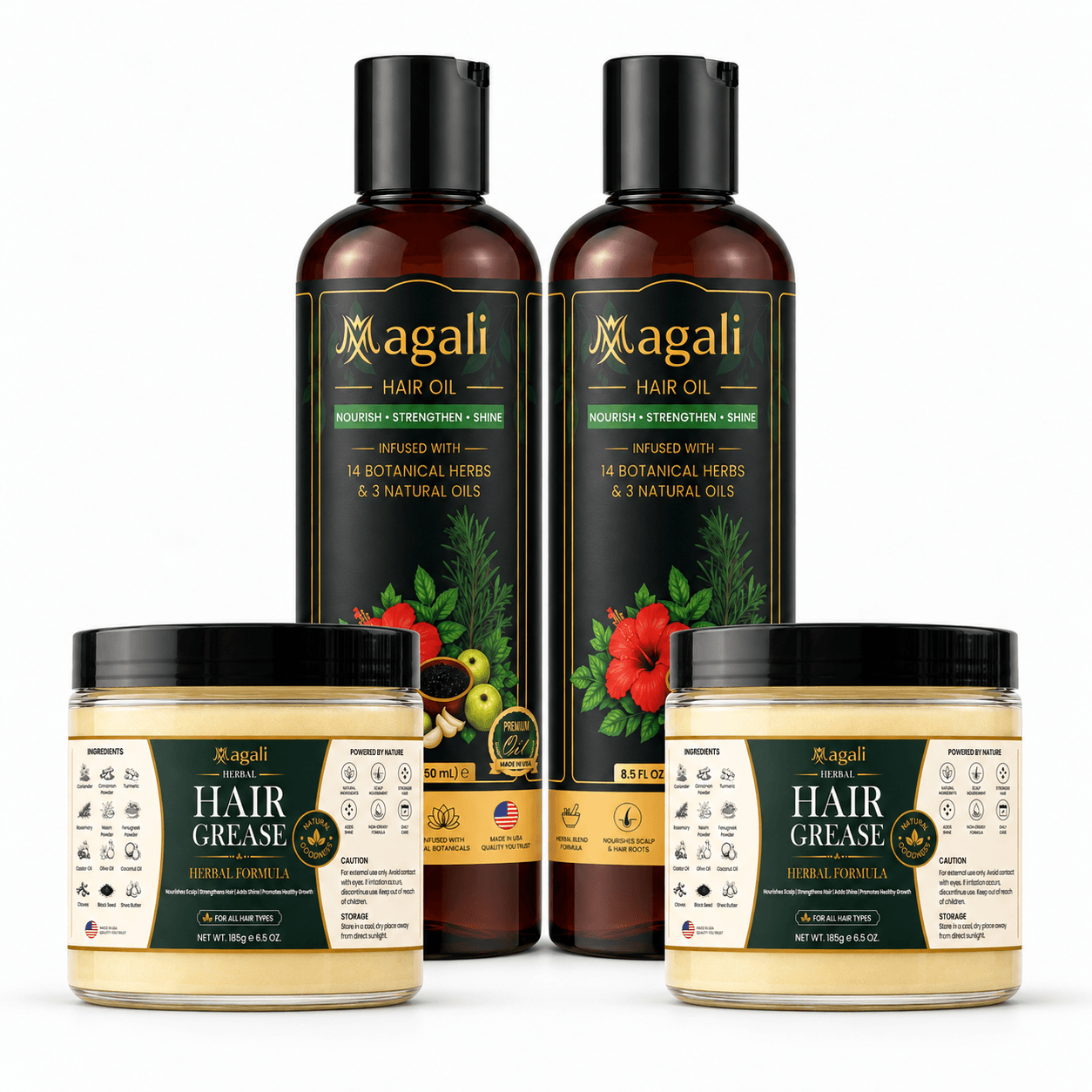 Magali Hair Care Stock-Up Set: 2 hair oil bottles and 2 hair grease jars on a white background