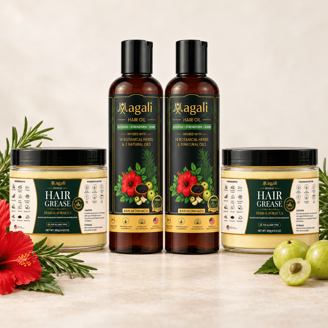 Magali Hair Care Stock-Up Set: 2 hair oil bottles and 2 hair grease jars with a botanical arrangement
