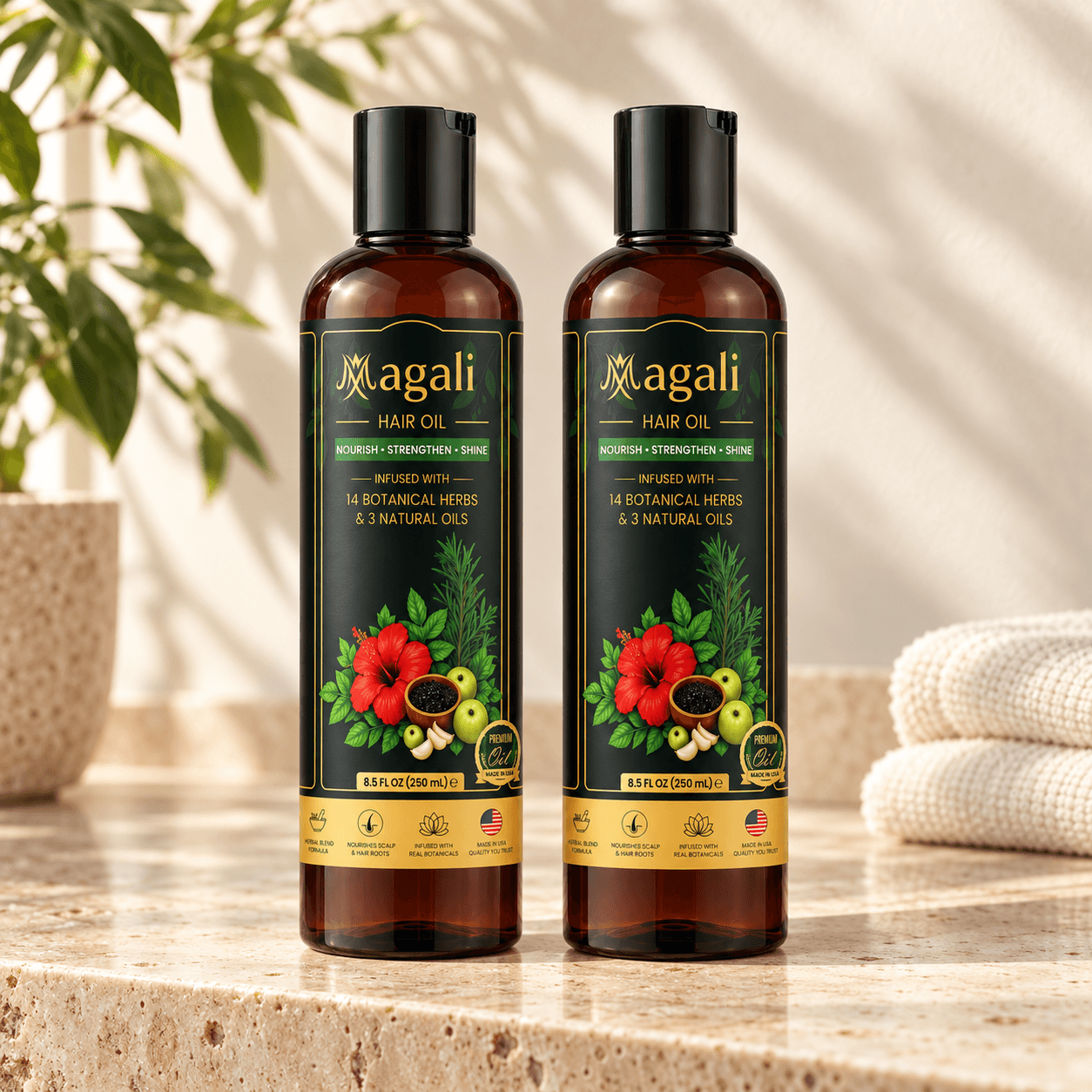 Magali Hair Oil Double Pack: 2 hair oil bottles on a warm stone bathroom counter