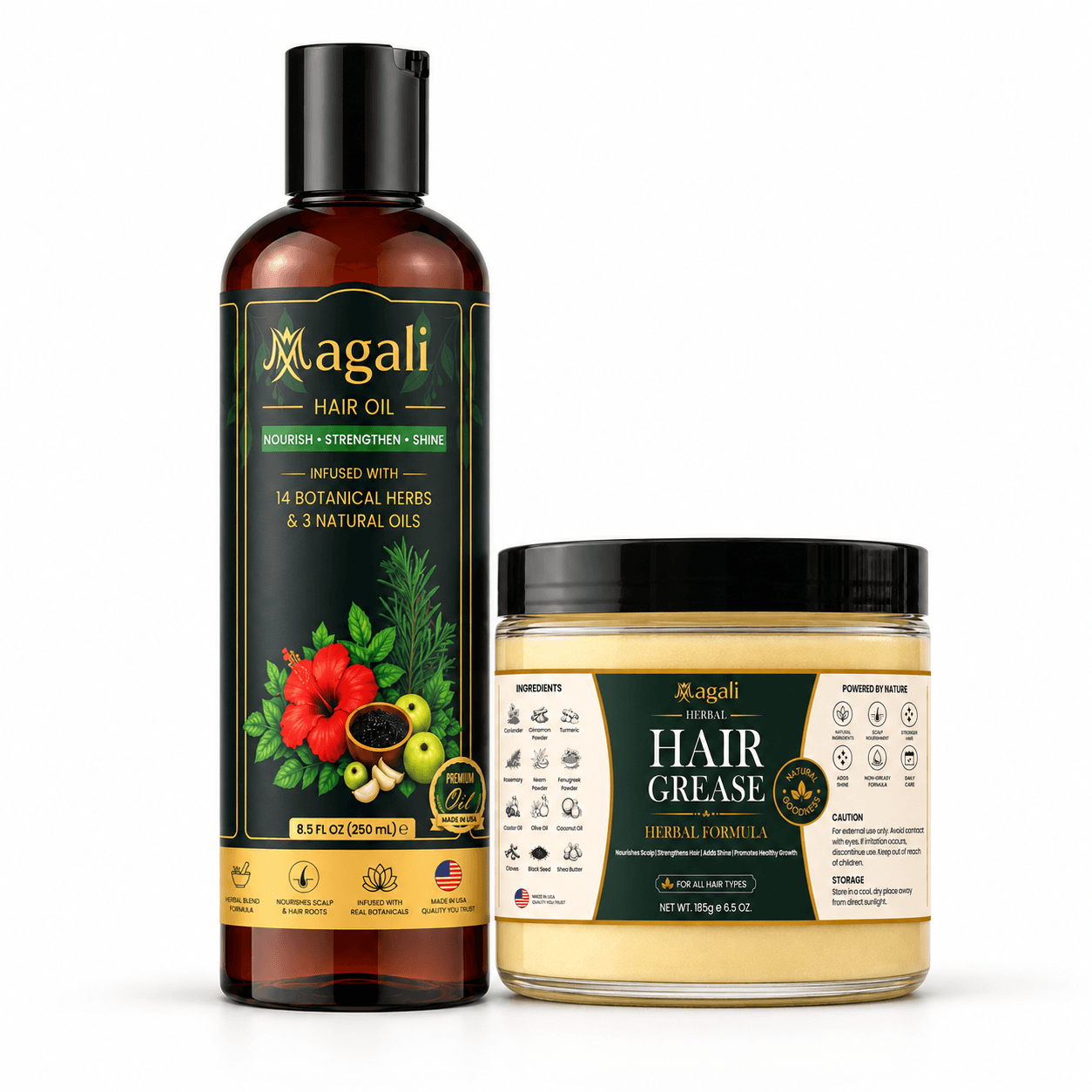 Magali Nourish & Shine Duo: 1 hair oil bottle and 1 hair grease jar on a white background