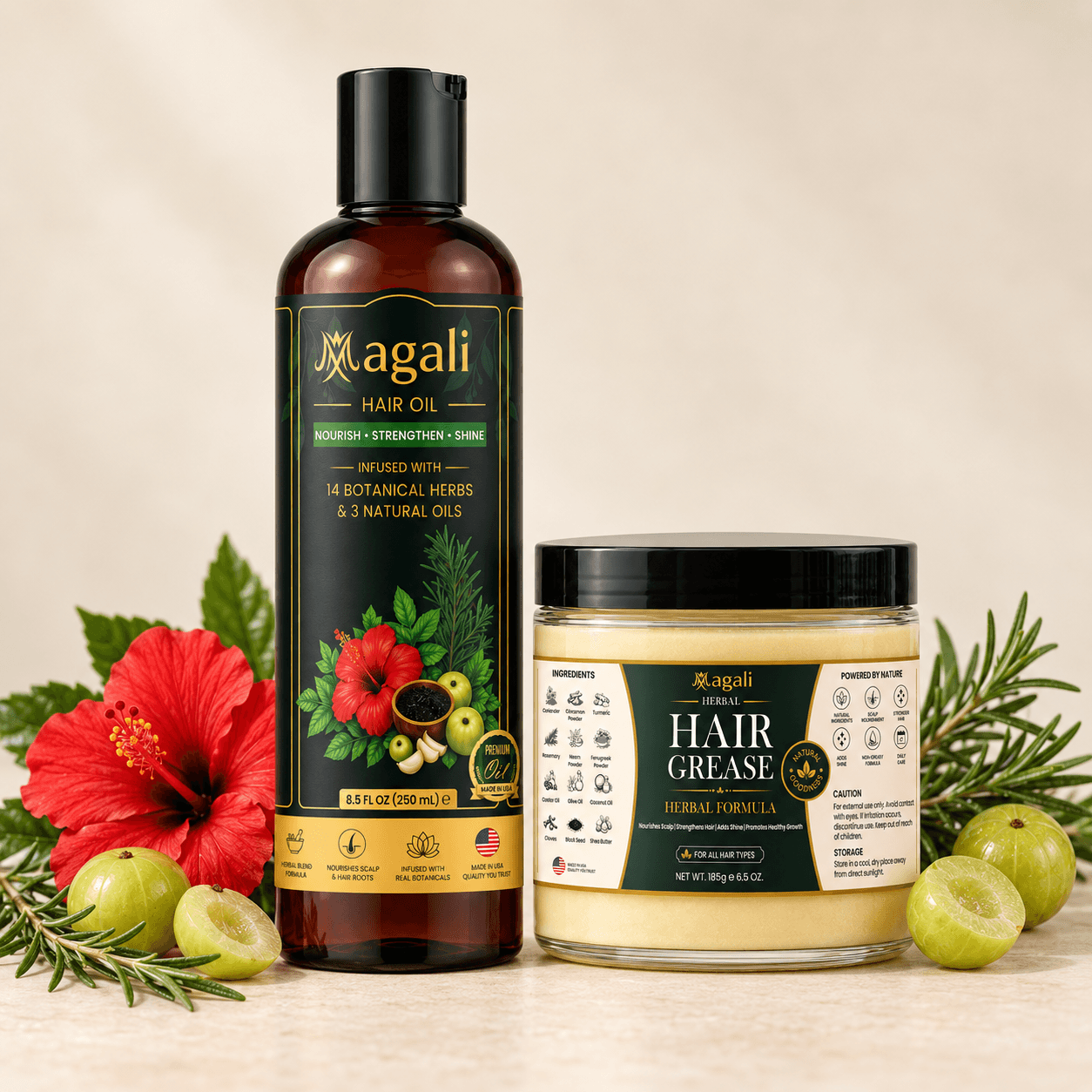 Magali Nourish & Shine Duo: 1 hair oil bottle and 1 hair grease jar with a botanical arrangement